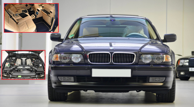 K mání je BMW 750i E38 z konce výroby. Má V12, hromadu výbavy a 28 tkm