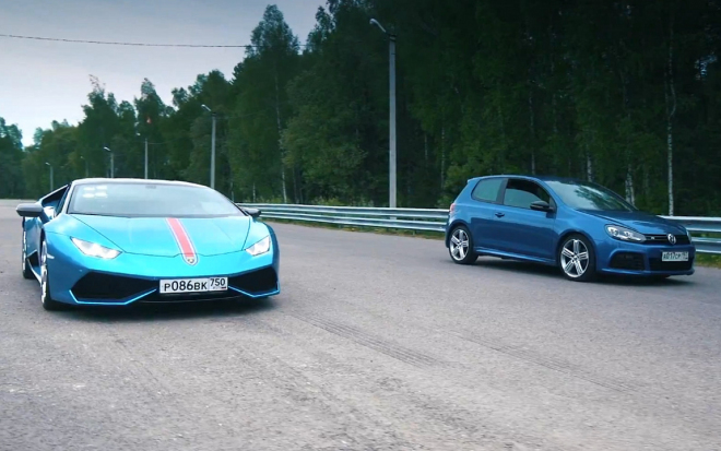 VW Golf R vs. Lamborghini Huracán: bratrovražedný souboj s překvapivým výsledkem (video)